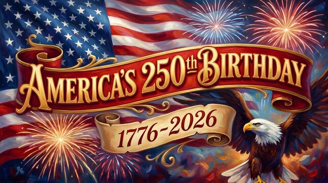 America's 250th Birthday Celebration Banner with USA Flag, Bald Eagle, and Fireworks, United States Semiquincentennial 1776-2026 Commemorative Illustration