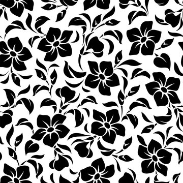 Seamless floral pattern with flowers and leaves on a white background. Vector black and white floral print