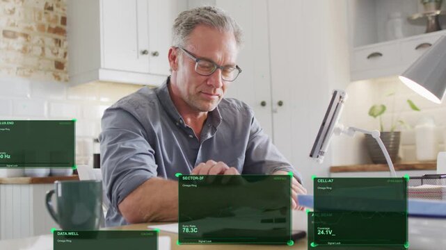 Man checking phone and sorting papers at table, green HUDs expanding over documents for finance