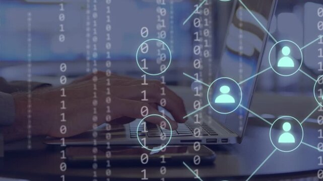 Man typing on laptop at table, causing binary stream and network forming over phone, showing tech