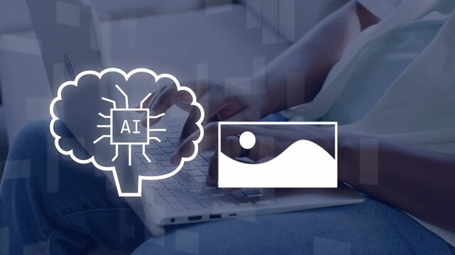 Man typing on laptop, causing AI cloud forming left while thumbnails settling right for curation