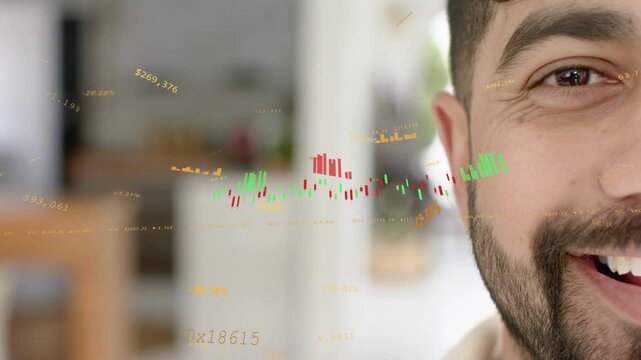 Man smiling and causing candle chart overlaying face with labels, bars forming for market tracking