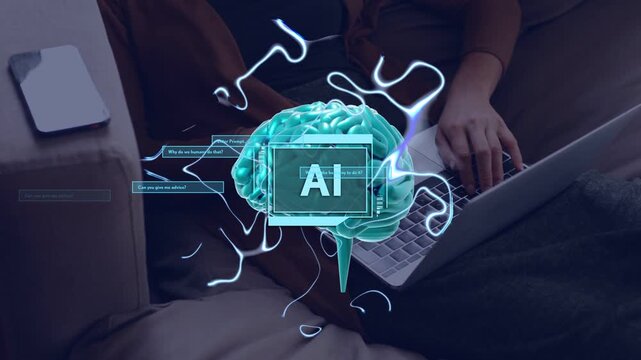 Woman typing on laptop on couch, phone on armrest, growing AI brain pulsing and processing queries