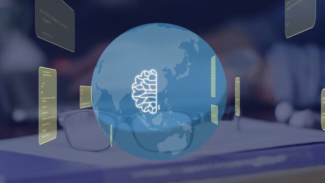 Globe reacting to cloud outline appearing, morphing into brain-AI chip, showing tech near glasses