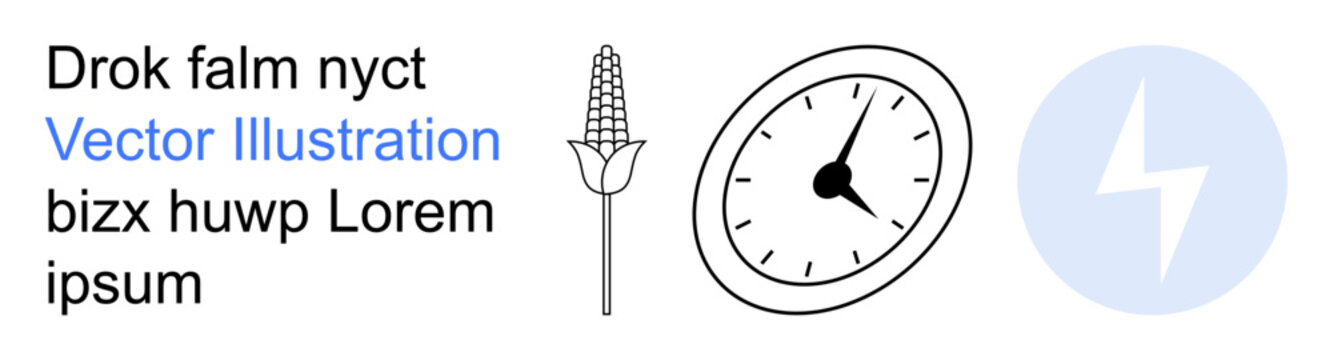 Agriculture, time management, electricity, graphic design, prints, digital projects. Corn cob, analog clock and a lightning bolt symbol. Agriculture and time management concept