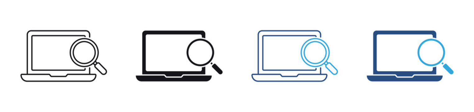 Online Search icon set. laptop with magnifying glass icons. digital browsing and information research concept. vector illustration.