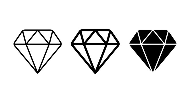 Diamond Icons Set: Geometric Gemstone Graphics, Outline, Filled, Solid Black