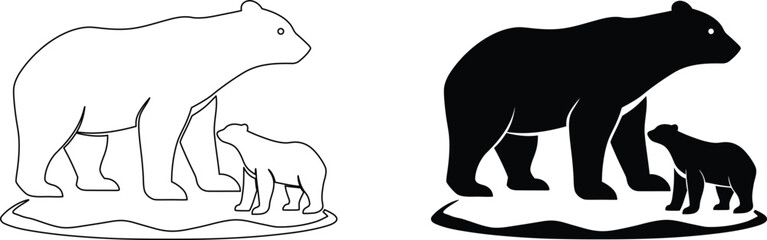 Polar bear and cub outline and silhouette on ice floe. © nidrarani
