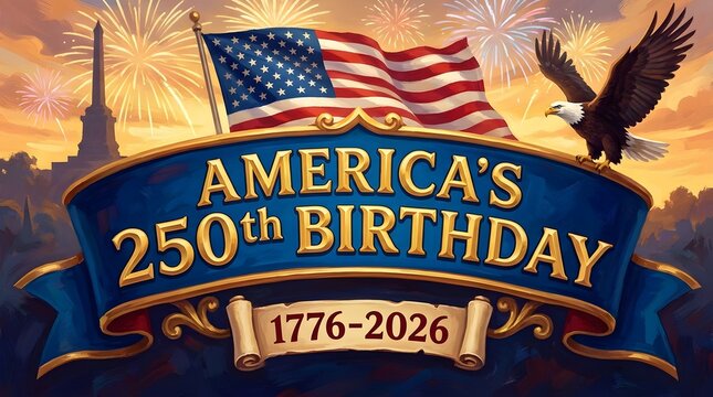 America's 250th Birthday Celebration Banner with USA Flag, Bald Eagle, and Fireworks, United States Semiquincentennial 1776-2026 Commemorative Illustration