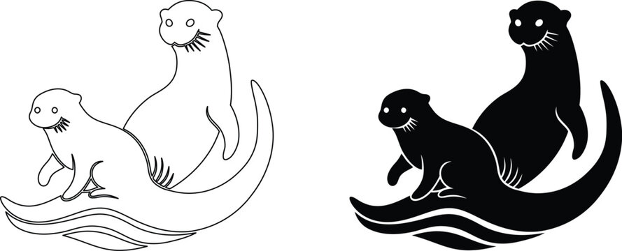 Otter pair vector silhouette illustration showing playful animals swimming on water ripples.