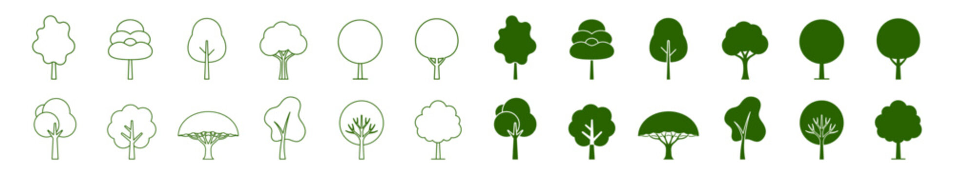 set of green tree icons line and solid style vector illustration of nature and plant symbol collection on transparent background