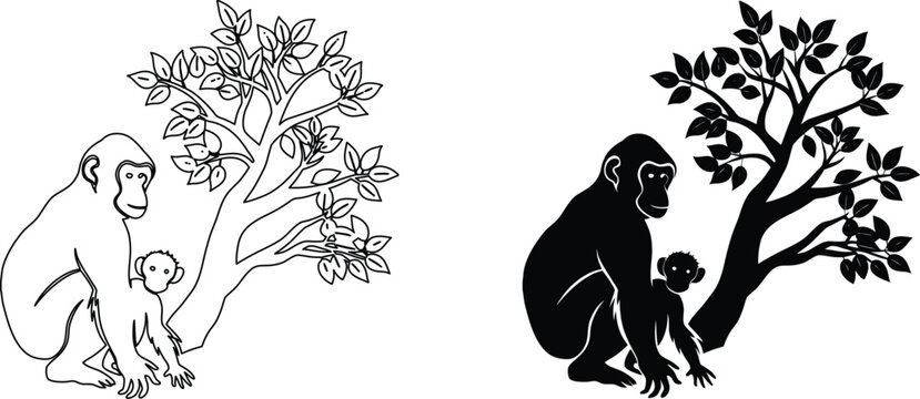 Silhouette and line art of monkey with baby sitting under leafy tree branch in wild forest.