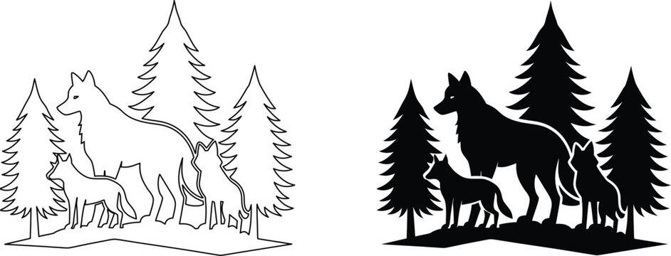 Wolf family standing with pine trees silhouette illustration for laser cut metal artwork.