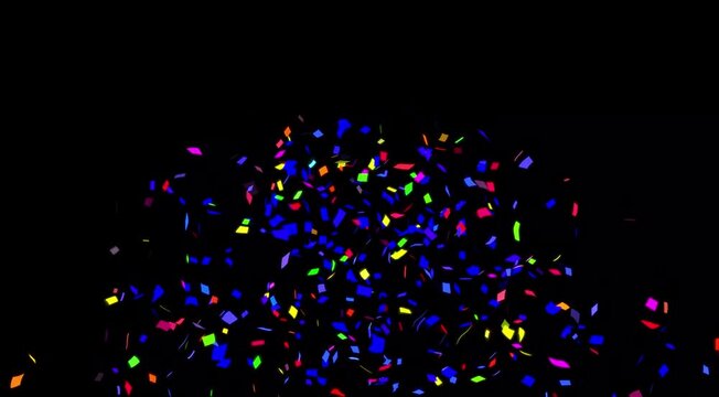 Colorful square confetti explosion falling on black background, vibrant multi-color glitter rain for victory celebration, success event, award show, and festive motion graphics overlay.