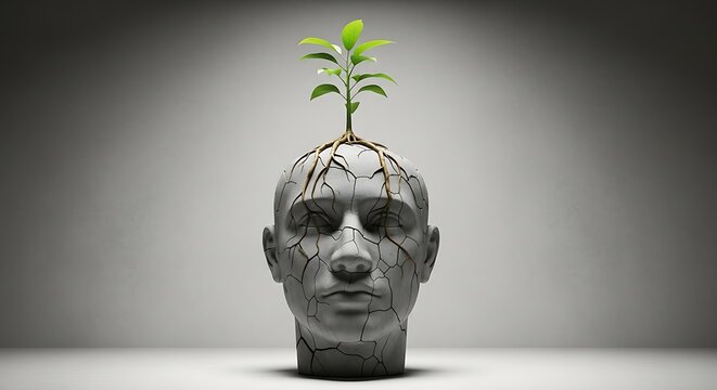 Sculpted head planter with growing green plant on neutral background