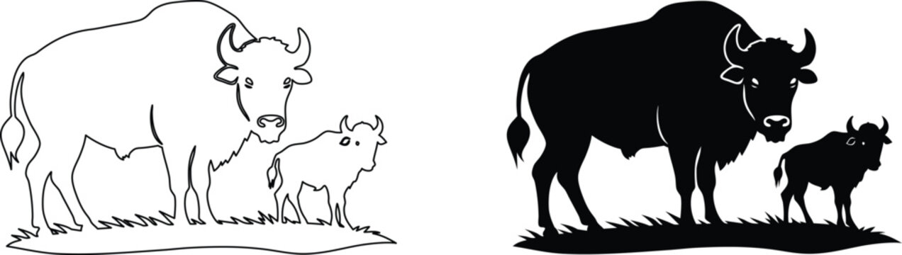 Bison mother and calf silhouette vector graphic design for rustic lodge decor projects.