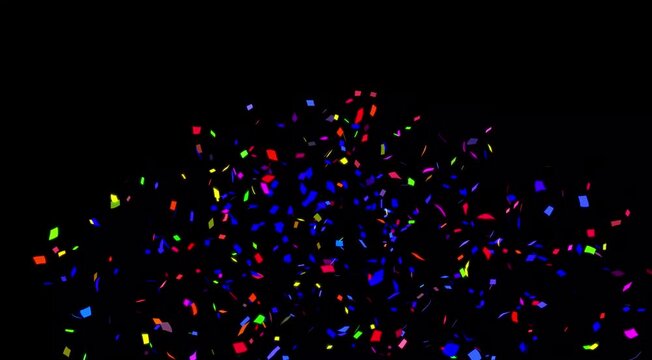 Colorful square confetti explosion falling on black background, vibrant multi-color glitter rain for victory celebration, success event, award show, and festive motion graphics overlay.