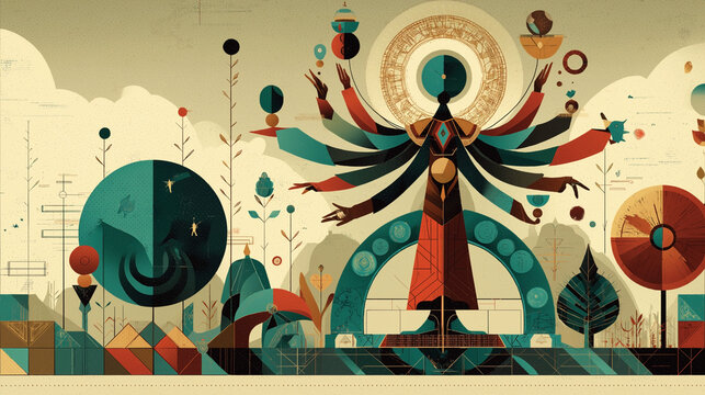 Abstract geometric illustration with multi armed figure and cosmic symbols in surreal decorative composition