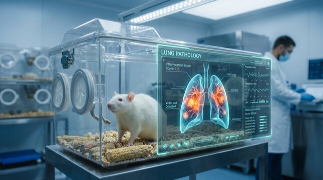 Laboratory rat in sterile cage with holographic lung pathology data display in a high-tech lab.