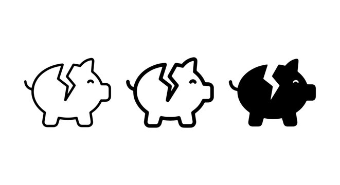 Broken Piggy Bank Icons, Financial Loss, Savings Crisis, Vector Art
