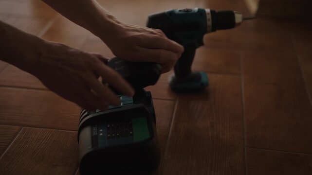 Close-up hand of person takes charged battery from its charger and inserts it into cordless electric drill, male make assembled power tool away, ready for use on home improvement project, slow motion.