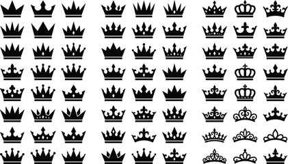 Large collection of black crown vector icons featuring various royal, king, queen, and princess tiara shapes for luxury branding, awards, heraldry, and premium logo design. © MDSaiful