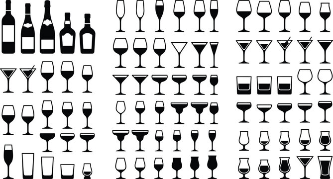 Mega collection of black minimalist alcohol drink glassware and bottle vector icons featuring wine, champagne, cocktail, beer, and liquor glasses isolated on white background.