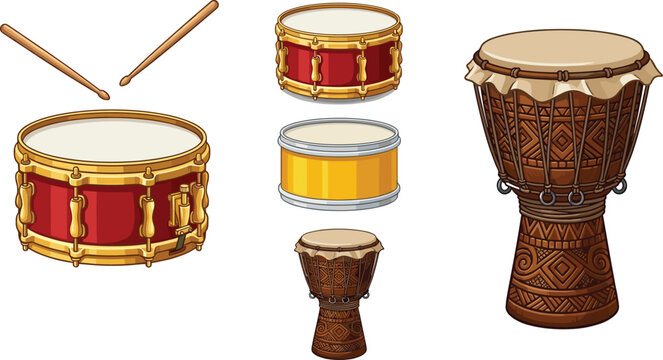Set of various drum vector illustrations including red snare drums with wooden drumsticks and traditional African djembe hand drums with ethnic patterns isolated on white background.