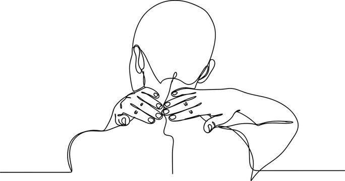 Close-up single line drawing of a person massaging their sore neck, pain relief concept.