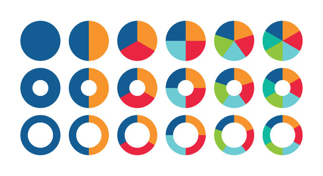 Pie chart set. Colorful diagram collection with 2,3,4,5,6 sections or steps. Infographic pie chart set. Flat process cycle. Progress sectors. 