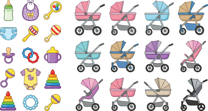 Large collection of baby care vector illustrations featuring colorful strollers, prams, feeding bottles, pacifiers, bibs, rattles, and nursery toys isolated on white background for newborn design.