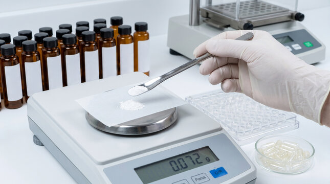 Pharmacist weighing medicinal powder on a precision digital scale in a compounding lab