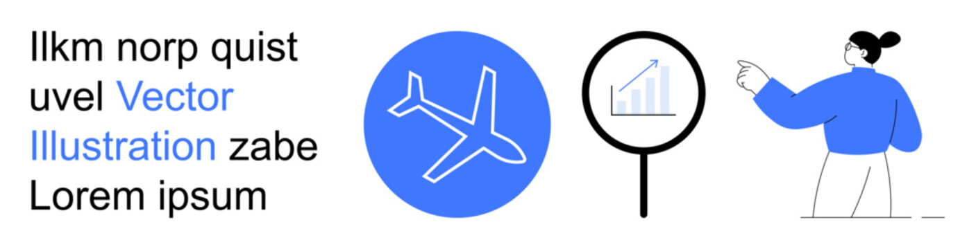 Aviation services, business growth, data analysis, travel industry research, market trends, technology insights. Airplane icon, magnifying glass with chart woman pointing to data. Aviation services