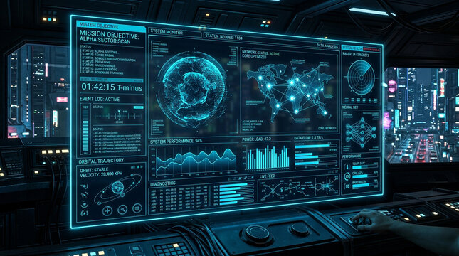 Futuristic control room with a large computer screen displaying various data and graphs in blue neon lights isolated on white background