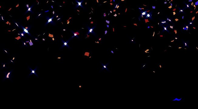 Vibrant multi color confetti falling from top to bottom on black background colorful square glitter rain for party celebration wedding and grand opening festive motion graphics overlay video element