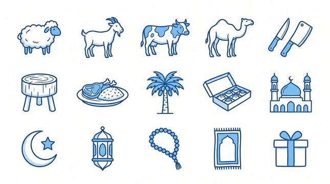 Blue and white Eid al-Adha icons featuring ram, cow, camel, mosques, crescent moon, lantern, prayer rug, tasbih, knives, meat hook, and food plate symbolizing faith and sacrifice.