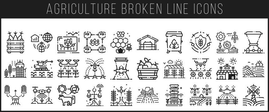 Collection of agriculture broken line icons for modern farm graphic design