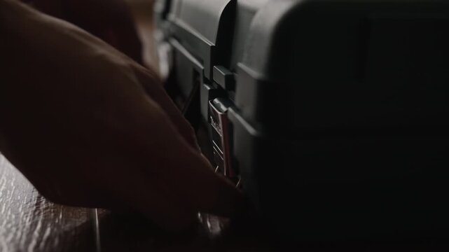 Close-up hand of person closes and secures metal latch on dark heavy duty protective case. The action takes place on wooden floor with moody, dramatic lighting. Focus on case being locked.