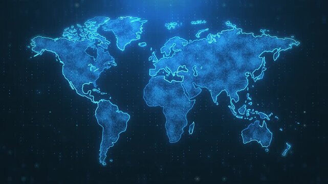 Digital world map animation displaying global network connection and data transfer across continents concept loop.