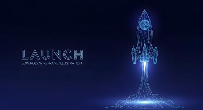 Digital rocket launch from blue particles with particles futuristic technology innovation