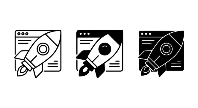 Rocket Launch Icons, Website Speed Boost, Startup Success Vector Set