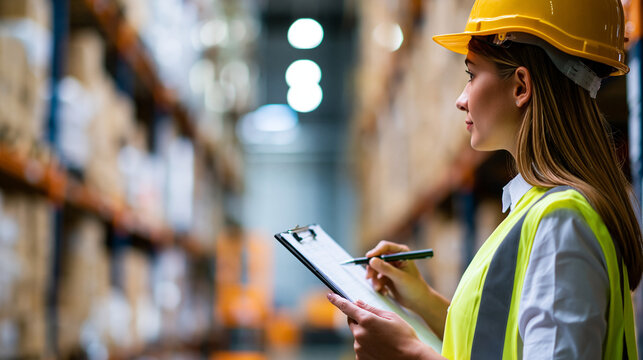 Female logistics manager with a clipboard conducting inventory check in a large distribution center, hard hat and reflective vest, professional warehouse management, supply chain,