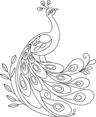 Fototapeta premium Stylized black and white line drawing of a majestic standing peacock