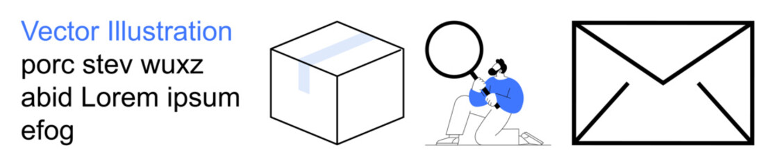 Obraz premium Communication, delivery, logistics, email services, product packaging, analytics. Man sitting and observing through magnifying glass, with a box and envelope icons. Communication and delivery concept