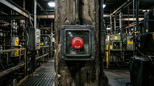 Industrial emergency stop button in a factory setting