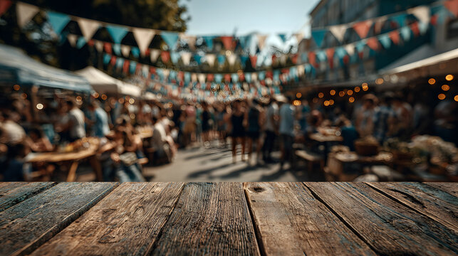 A joyful scene is created when outdoor festivals, crowds, wooden tables, a summer party, a sunny celebration, colorful bunting, empty tabletops, and blurred people's backgrounds come together to creat