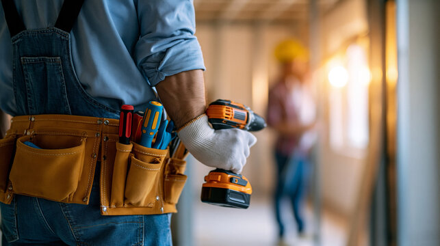 Home repair and renovation service worker installing fixtures, handyman concept, residential construction, DIY professional, tool belt and workwear, faceless, back view, defocused