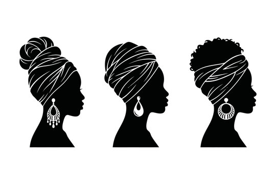 Three black silhouettes of women with head wraps and earrings in profile