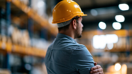 Confident industrial worker standing in a factory warehouse, strong professional presence, manufacturing environment, hard hat and safety gear, faceless, back to camera, defocused