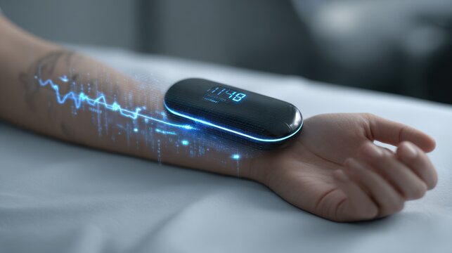 Holographic digital blood pressure meter on arm with blue graph
